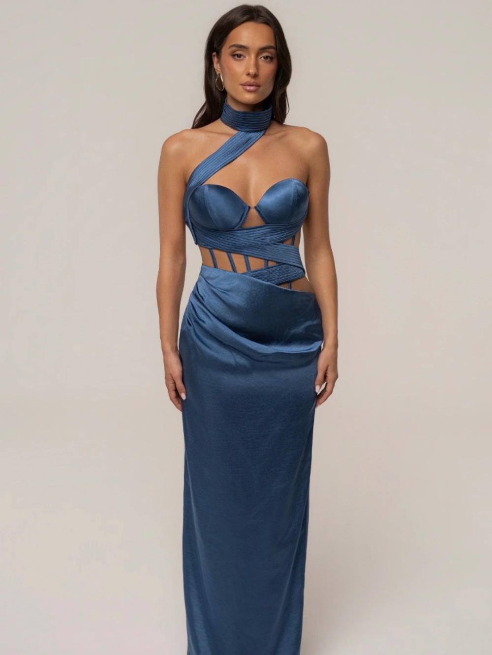 JLUXLABEL Blue Golden Hour Corset Satin Maxi Dress - XS